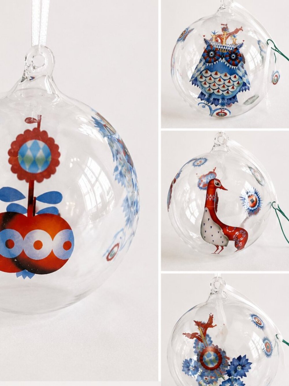 Vintage Folk Art Clear Glass Christmas Ball Ornament | Owl, Bird & Floral Scandi